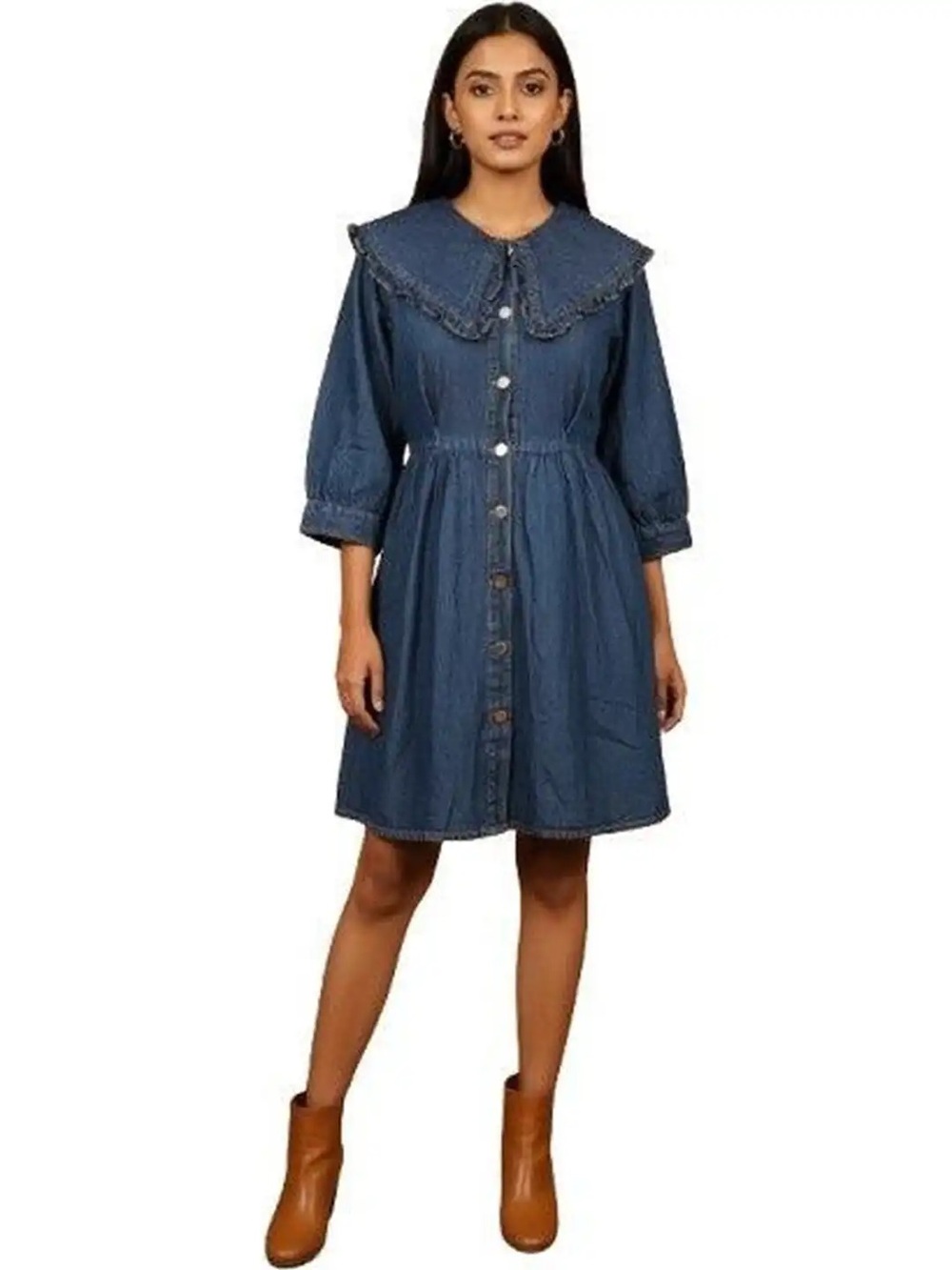 US TOGETHER Denim Dress Ruffled Peter Pan Collar